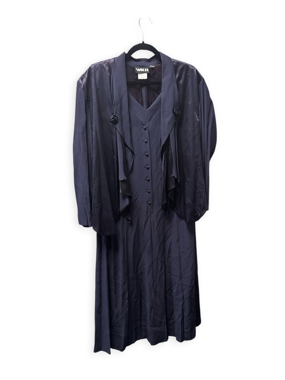VINTAGE WRII Navy Satin Polyester 2pc V-Neck Button Dress & Jacket Set
